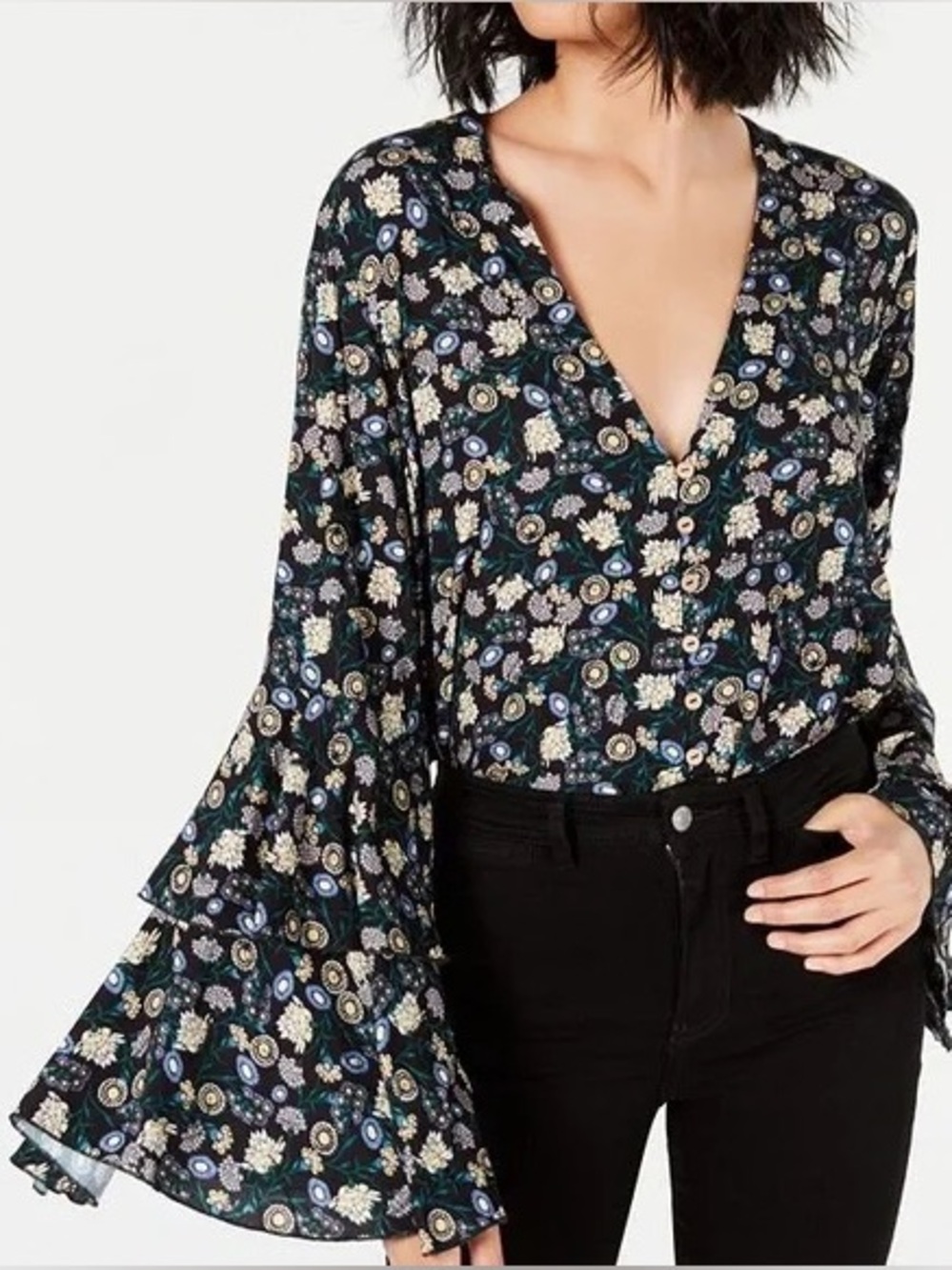 Intimately Free People She’s Dainty Bell Sleeve Floral Bodysuit
